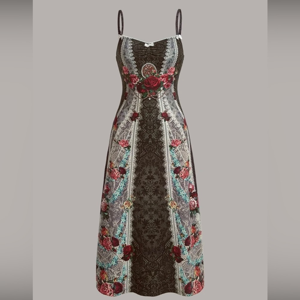 NEW  Gothic Witchy Lace & Rose Print Cami Dress